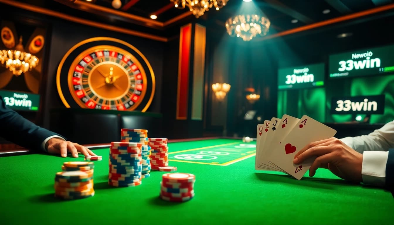 Experience the luxury of high-stakes gambling at 33win, showcasing poker chips and a roulette wheel.