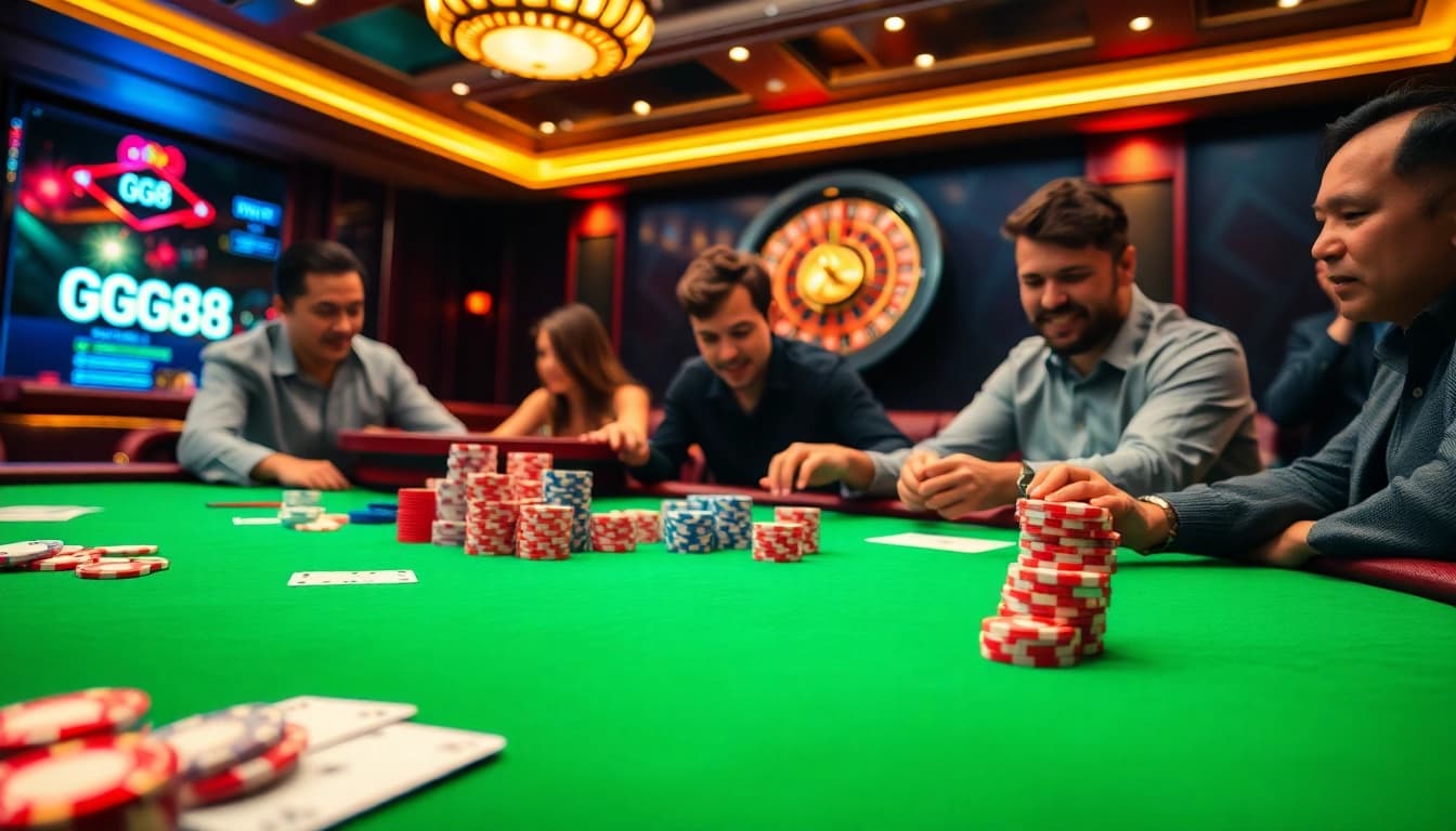 Gamblers enjoying an exciting round at GG88, with poker chips and cards on a luxurious casino table.