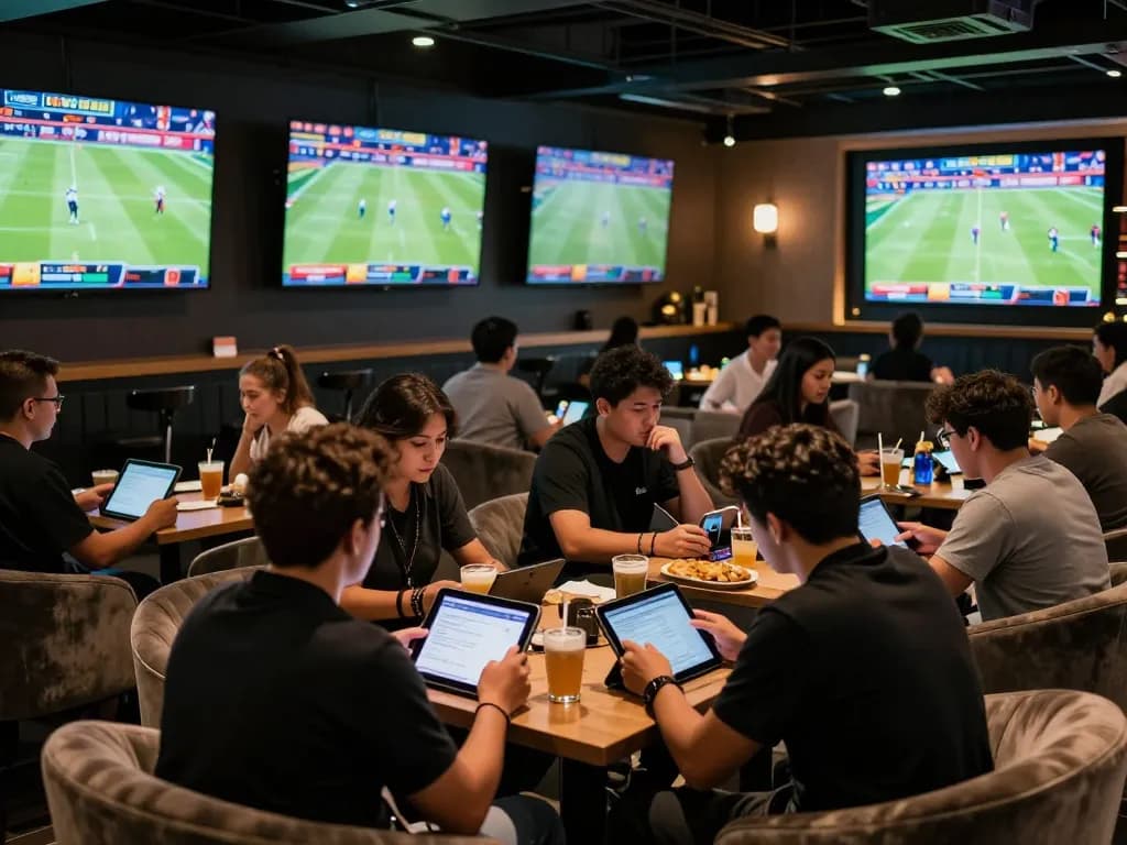 Bongdalu scene with bettors engaged in sports betting at a lively lounge with large screens.
