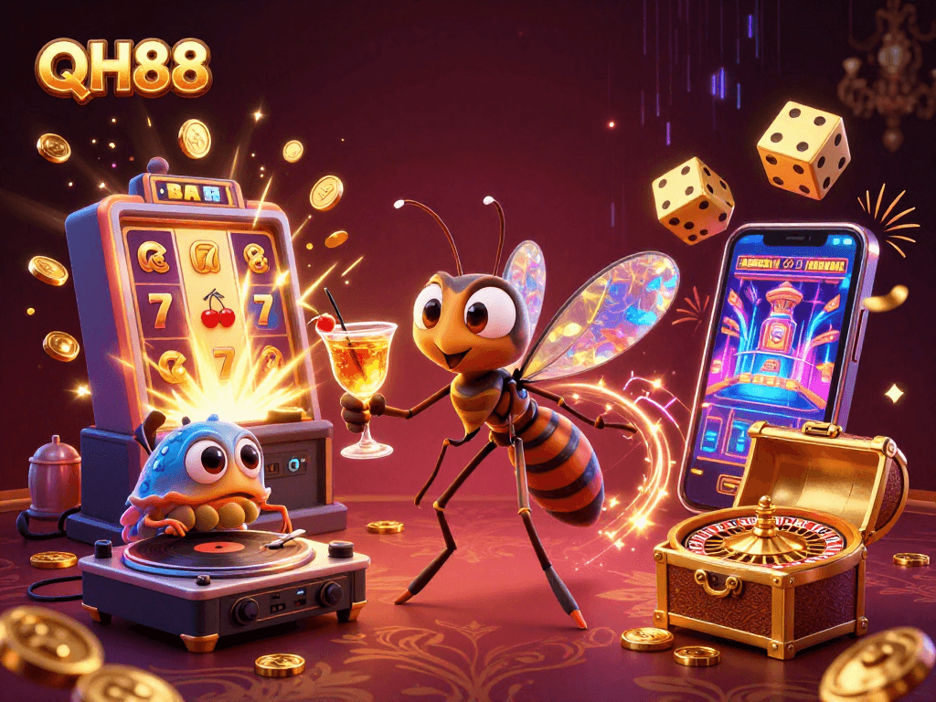 Engage with QH88's vibrant casino world featuring mascot excitement and jackpot thrills.
