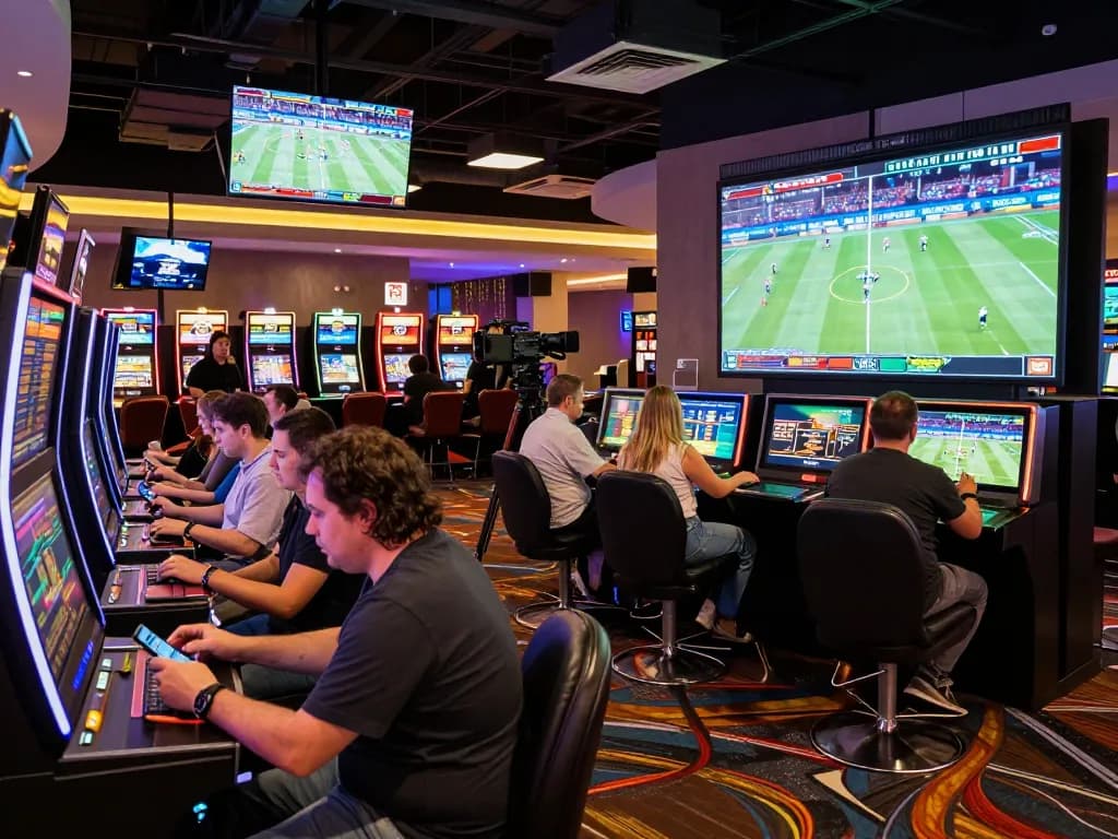 Sports betting excitement with 7m odds displayed on large screens in a modern casino setting.
