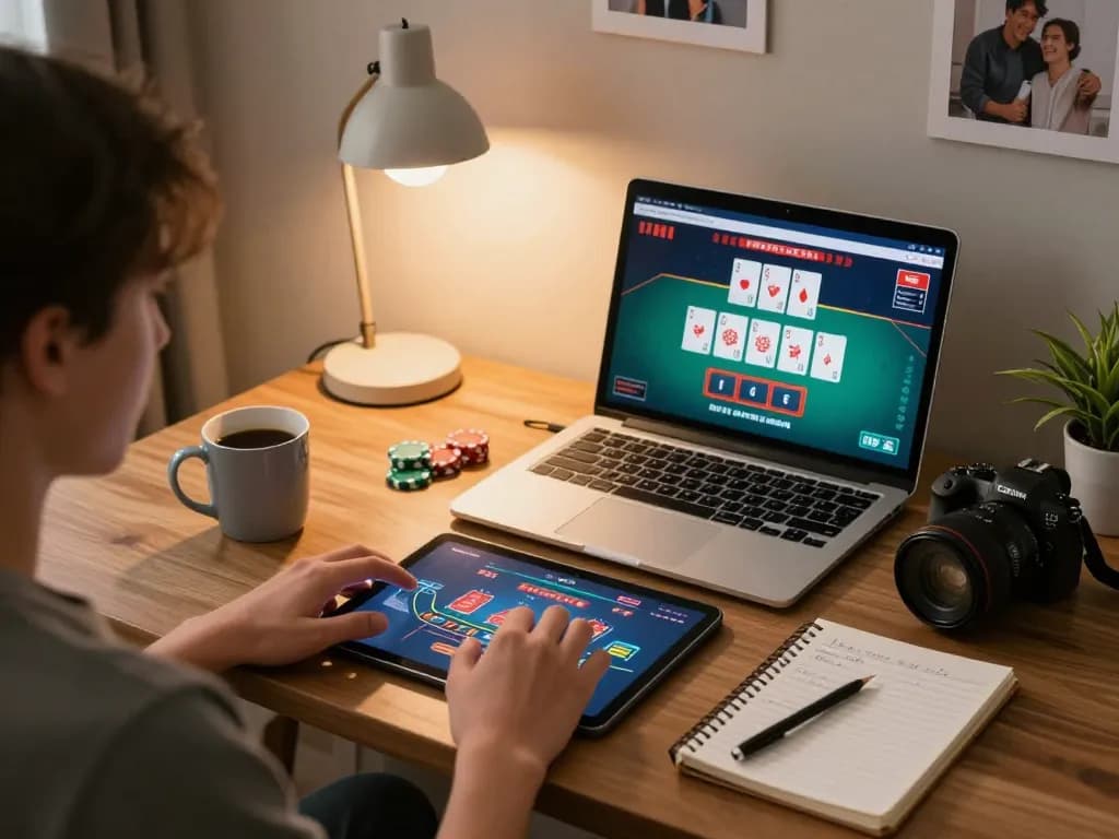 Engaged player using QQ88 platform on tablet with live dealer games at home setting.