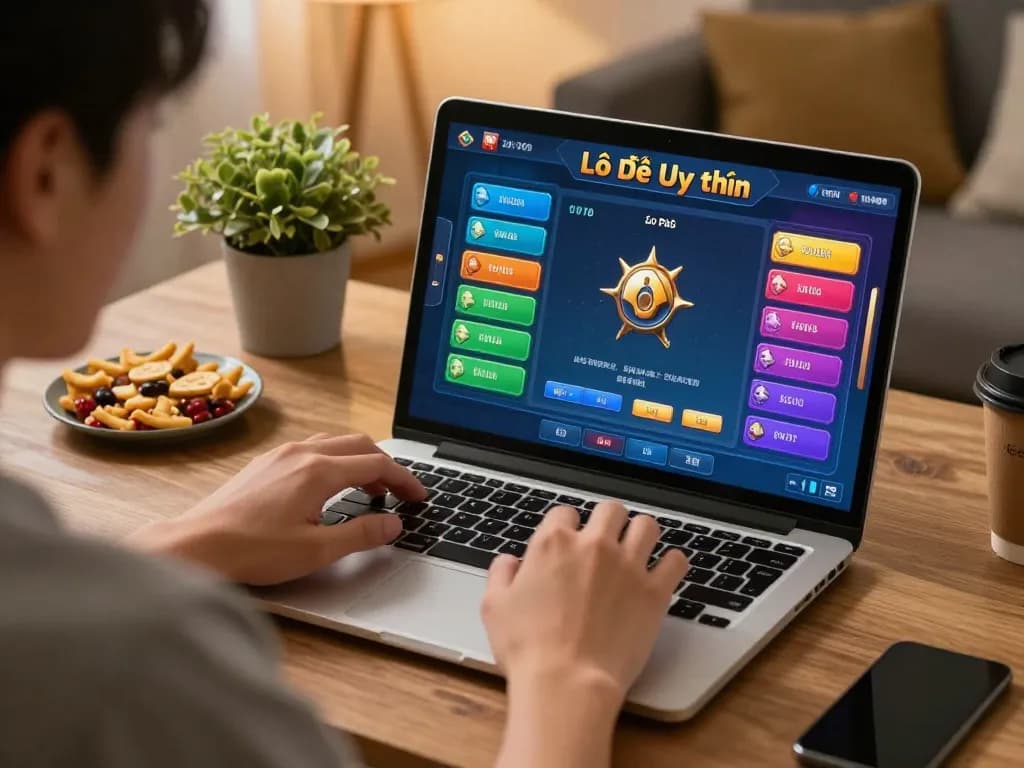 Engaging in Lô Đề Uy Tín online gaming with vibrant interface and cozy home setup.
