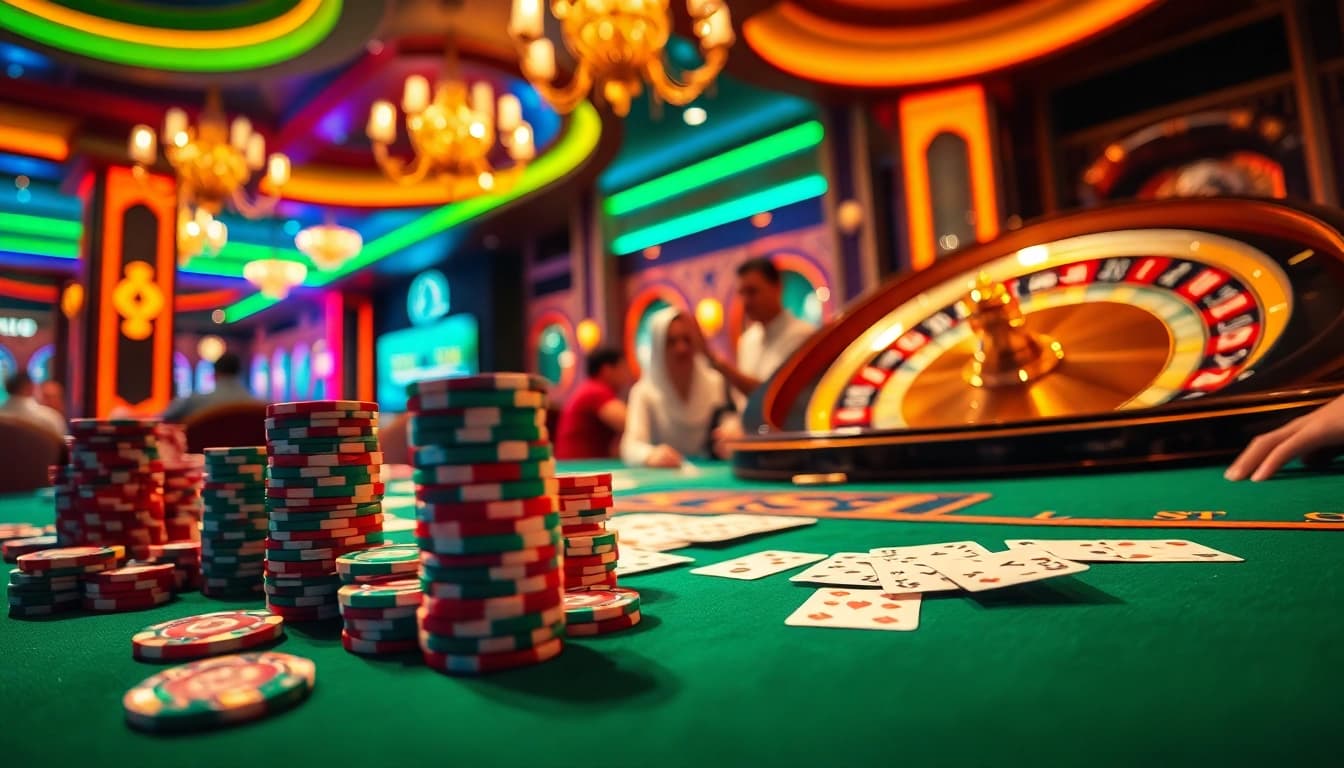 Sunwin's vibrant casino scene with poker chips, playing cards, and a roulette wheel.