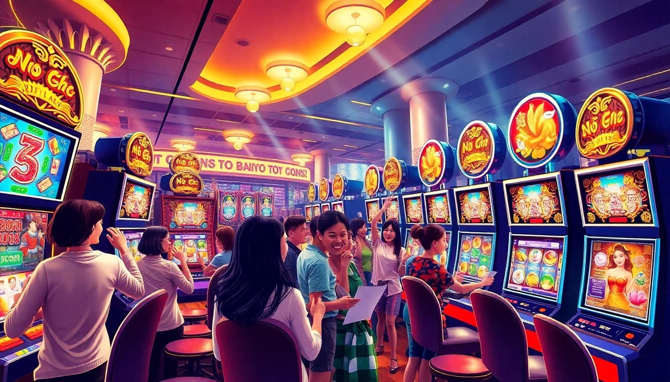 Nổ hũ 69VN slot machines featuring vibrant graphics and excited players in a luxurious casino.