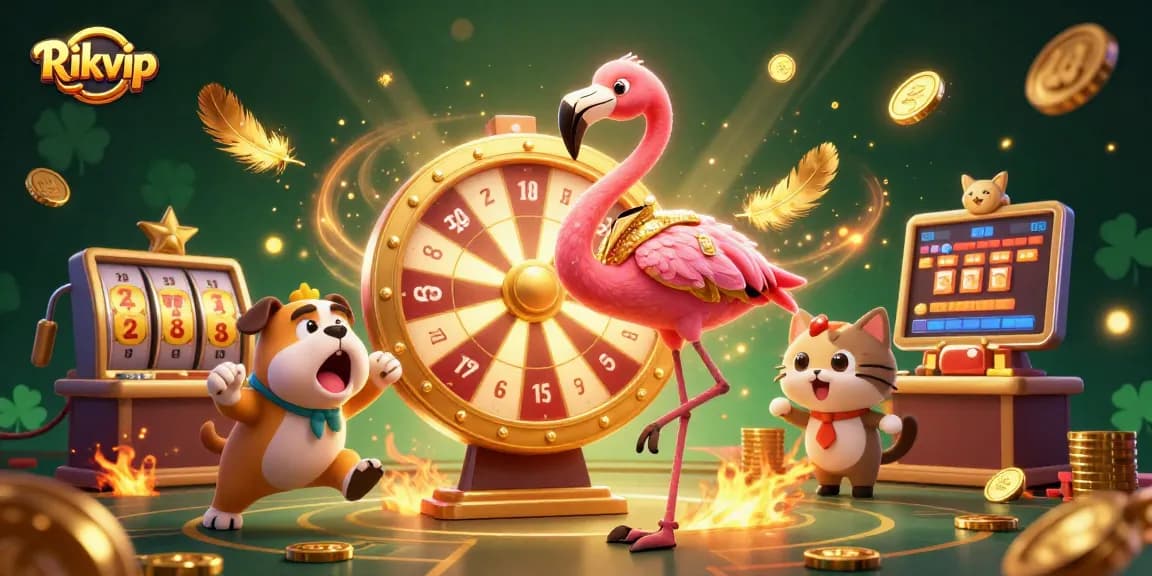Experience the excitement at Rikvip with a vibrant casino scene featuring a flamingo host, bulldog contestant, and winning surprises.