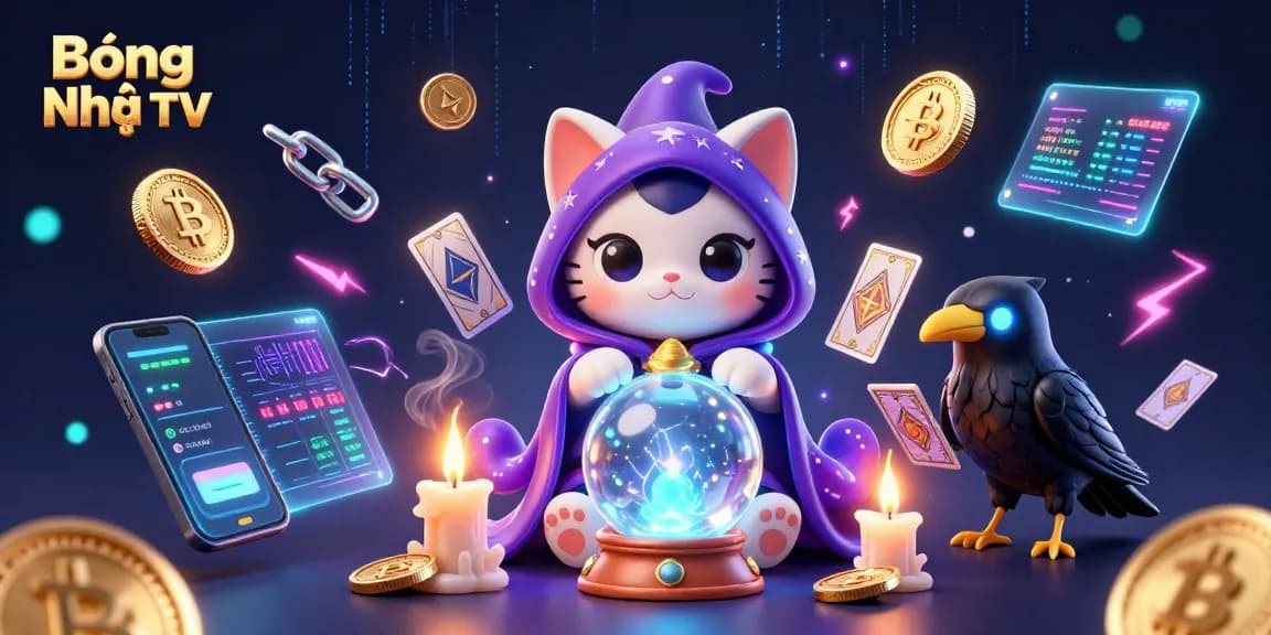 Bóng Nhựa TV showcases a vibrant 3D illustration of a mystic cat and raven amidst crypto elements, providing an exciting gambling theme.