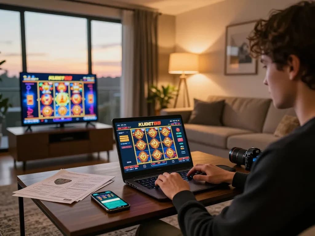 Engaged player utilizing kubet88 on their laptop amid cozy living room ambiance, emphasizing online gaming experience