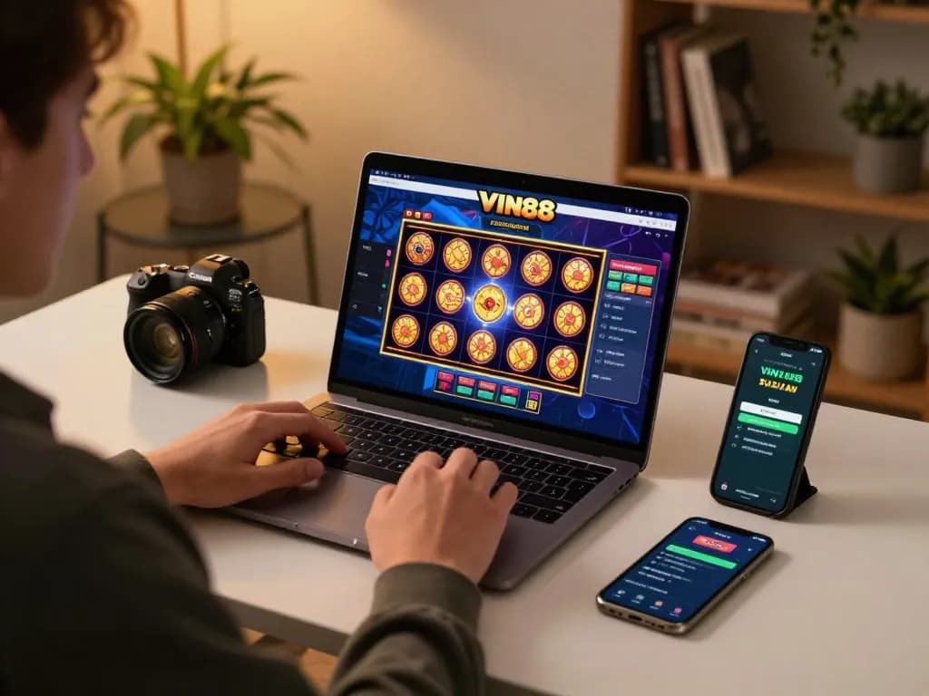 Playing VIN88 slot games at home with a laptop and smartphone on a modern desk
