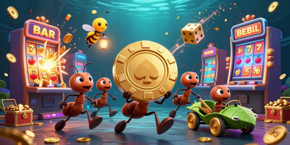 Enjoy the excitement of bandar slot games in 2026 with a lively scene of ants on a heist amidst slot machines.