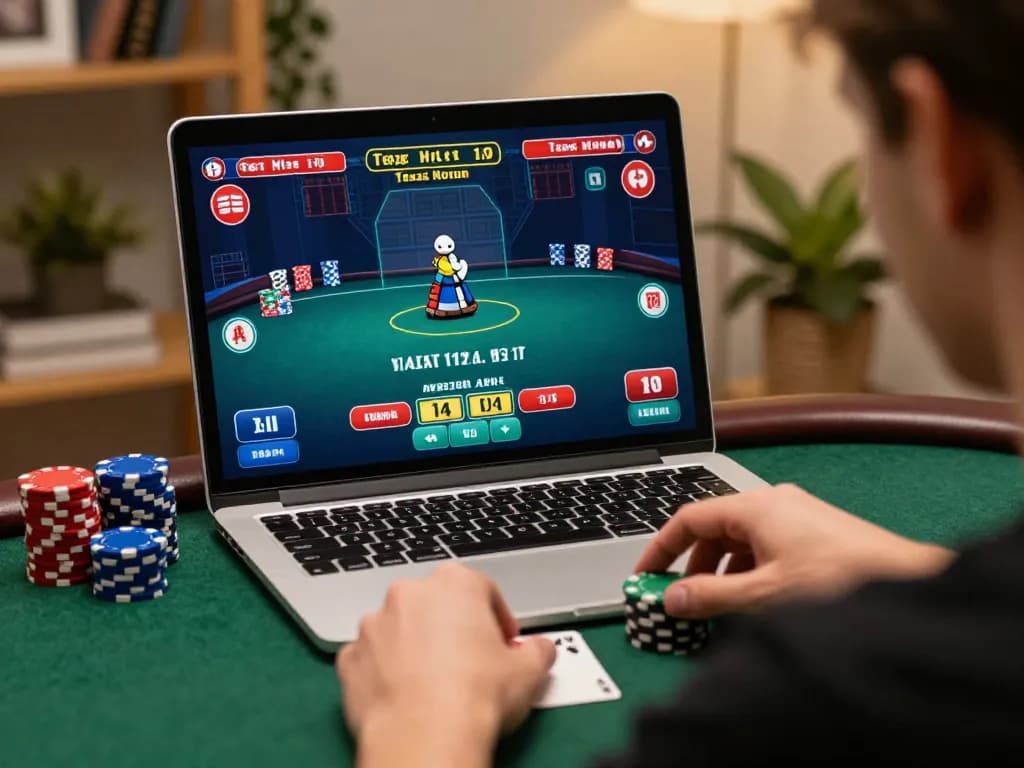 79KING player strategizing during online poker game, focused on laptop display with cards and chips.