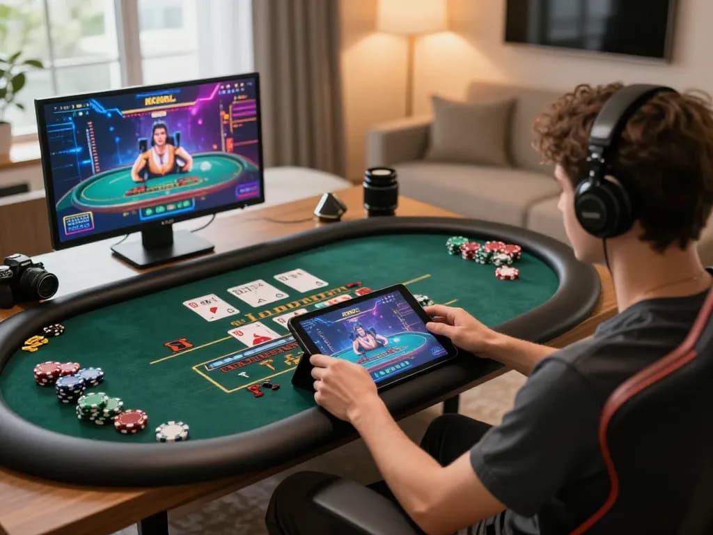 Player engaging with KKWIN online casino app on tablet in a cozy home setup with warm lighting.