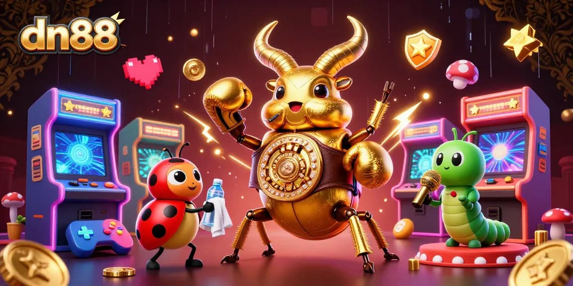 Experience thrilling gameplay with dn88 as a golden stag beetle battles in a vibrant casino world.