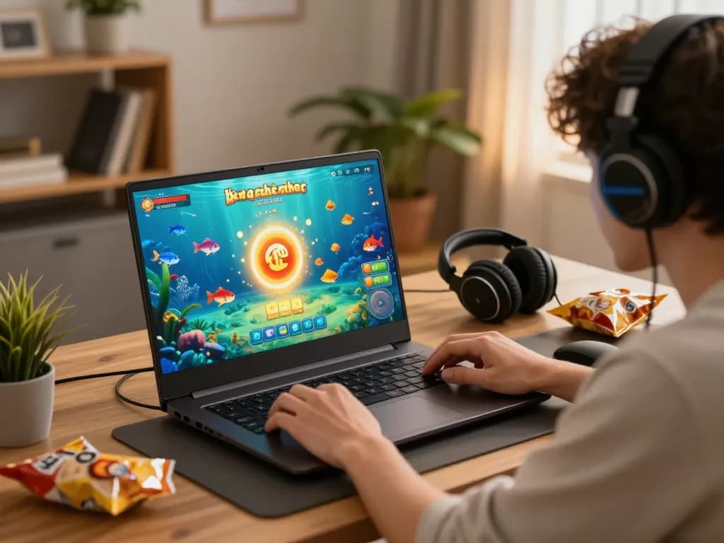 Bắn cá đổi thưởng gameplay on a laptop screen, showcasing colorful graphics and an immersive playing experience.