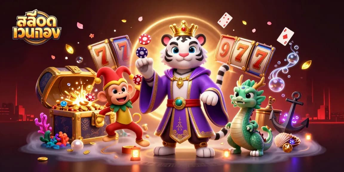 Engage in the thrill of สล็อตเว็บตรง with vibrant colors and dynamic characters in a casino-inspired illustration.