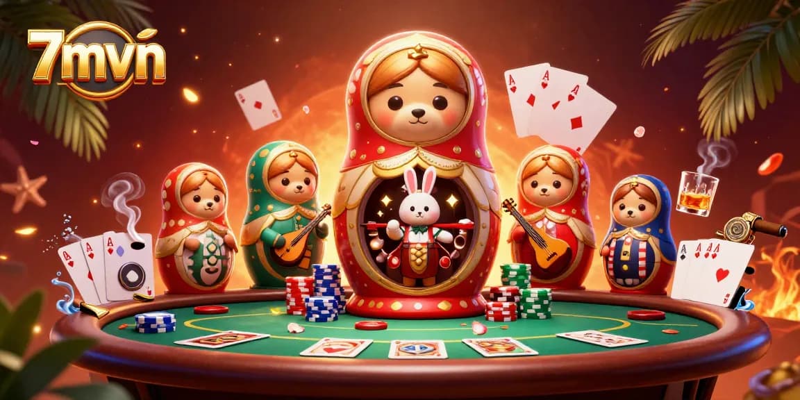 Experience thrilling poker action with 7mvn's vibrant casino scene featuring playful characters and game elements.