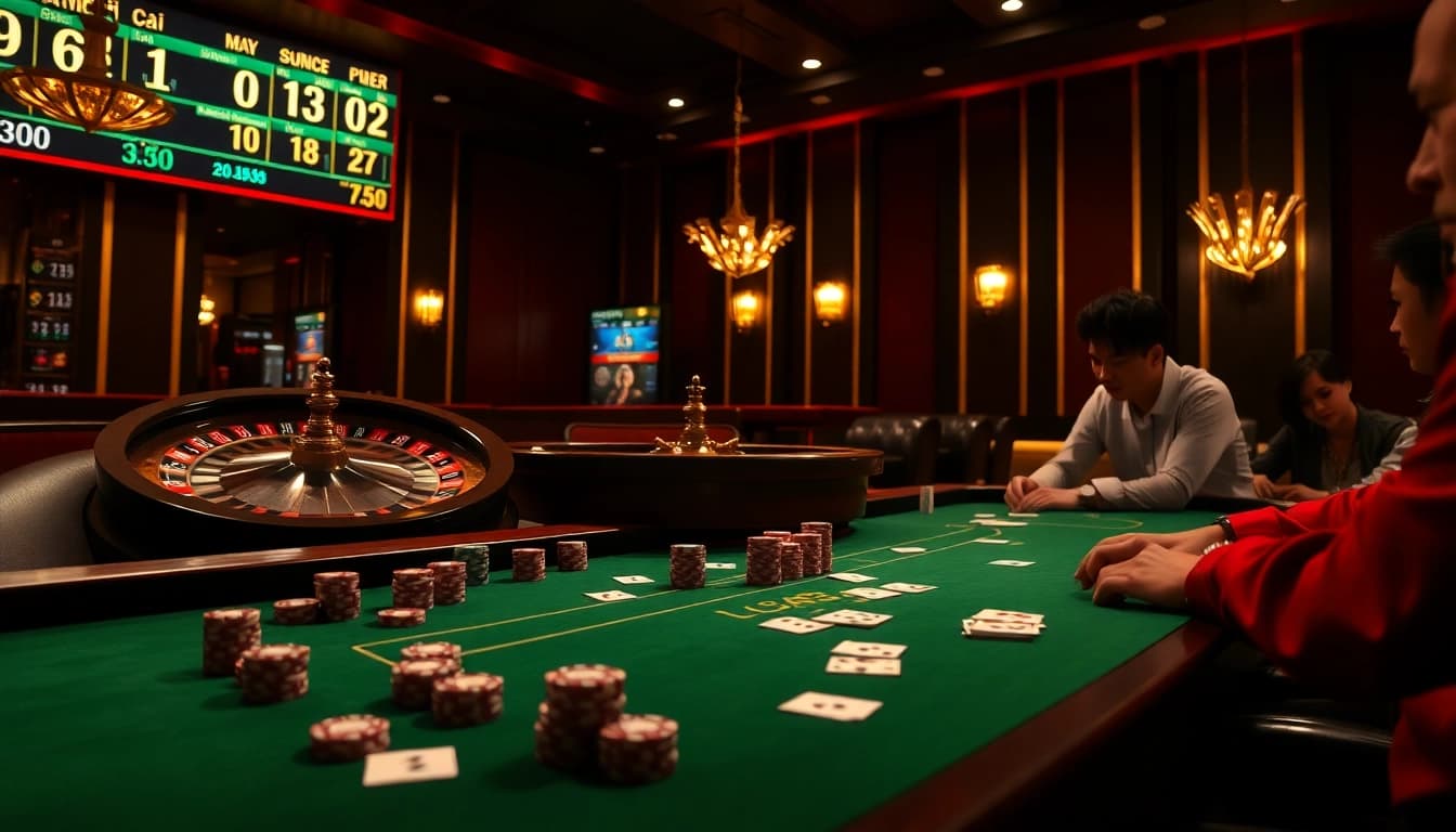 Exciting casino scene featuring tỷ lệ nhà cái on digital displays, highlighting luxury gambling atmosphere.