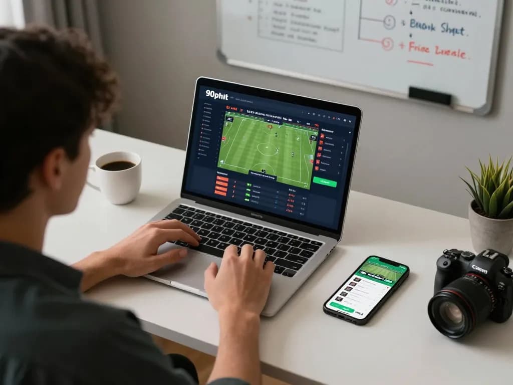 Engaging in 90phut sports betting while analyzing live match stats on a laptop