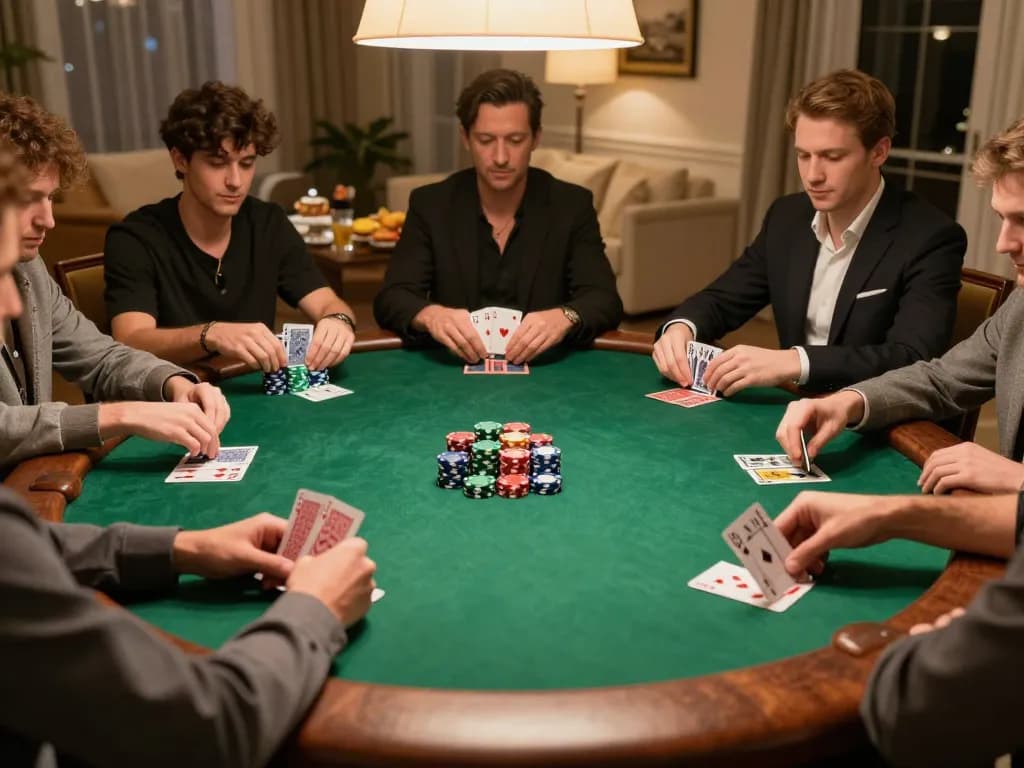 Players engage in a competitive poker game at home, showcasing sunwin strategies in a luxury setting.