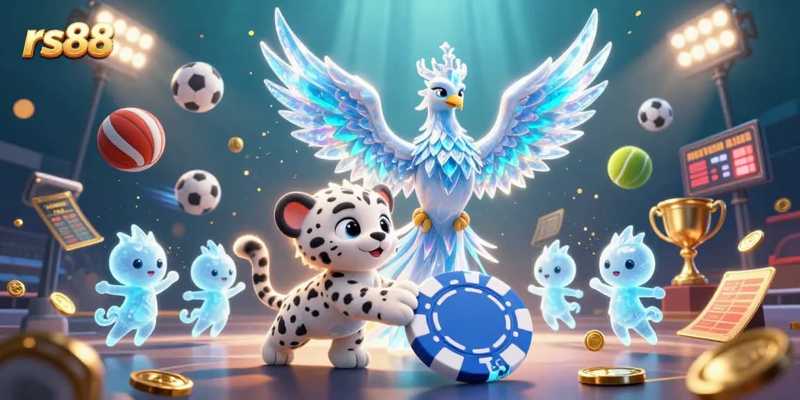 Engage with rs88 by witnessing an enchanting 3D illustration of an ice phoenix, snow leopard, and dancing sprites in a casino theme.