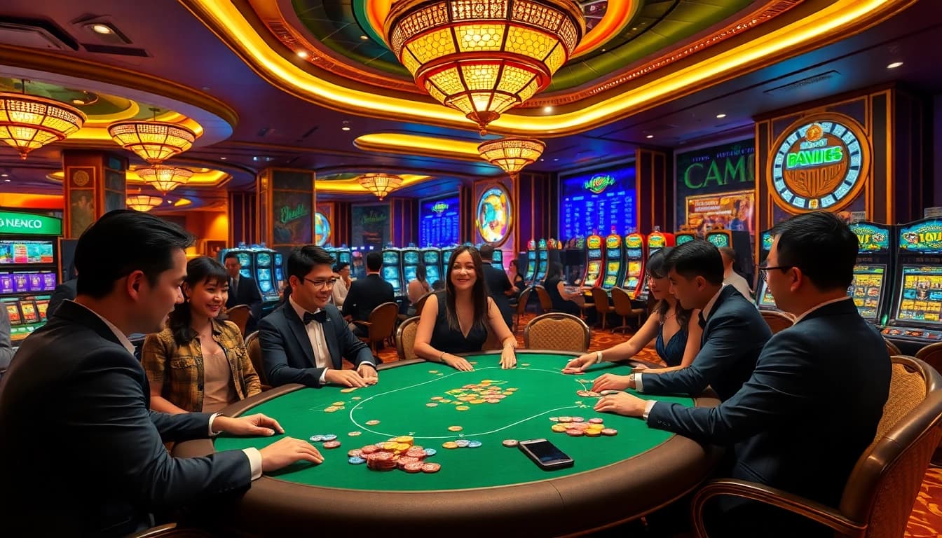 Players enjoying a thrilling poker game at Liên minh KJC's luxurious casino.