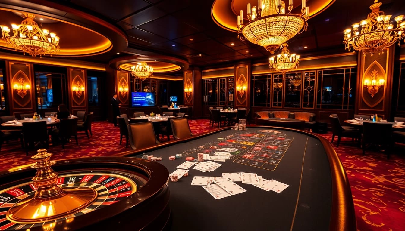 Exciting gaming scene in a luxurious casino showcasing poker, roulette, and sports betting at bsport.