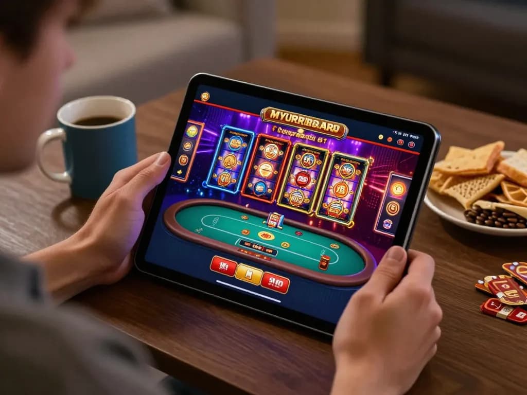 Player engaging with the online casino app https://n188.build/ in a cozy, well-lit home environment