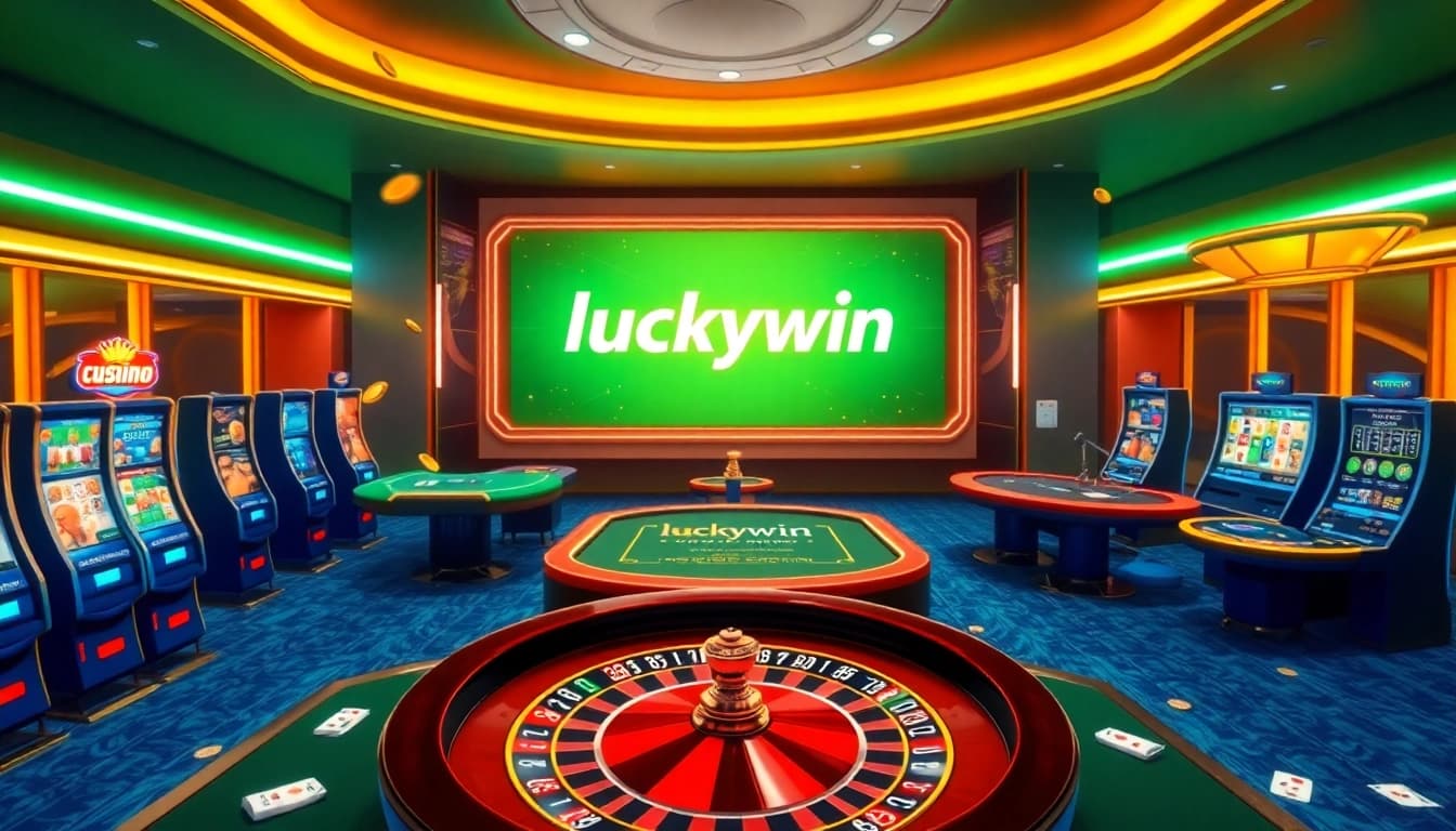 Experience the thrill of luckywin with vibrant online casino visuals, showcasing slot machines and poker tables.