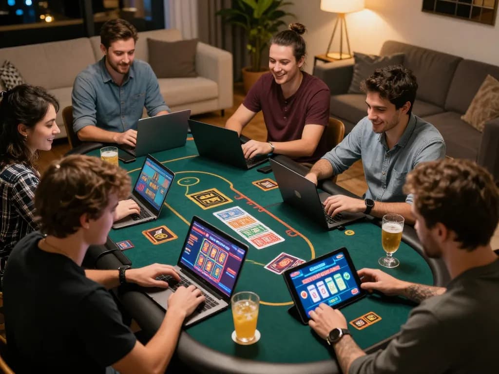 Engaging social online casino gaming scene showcasing trang chủ 789win setup with friends enjoying various games.