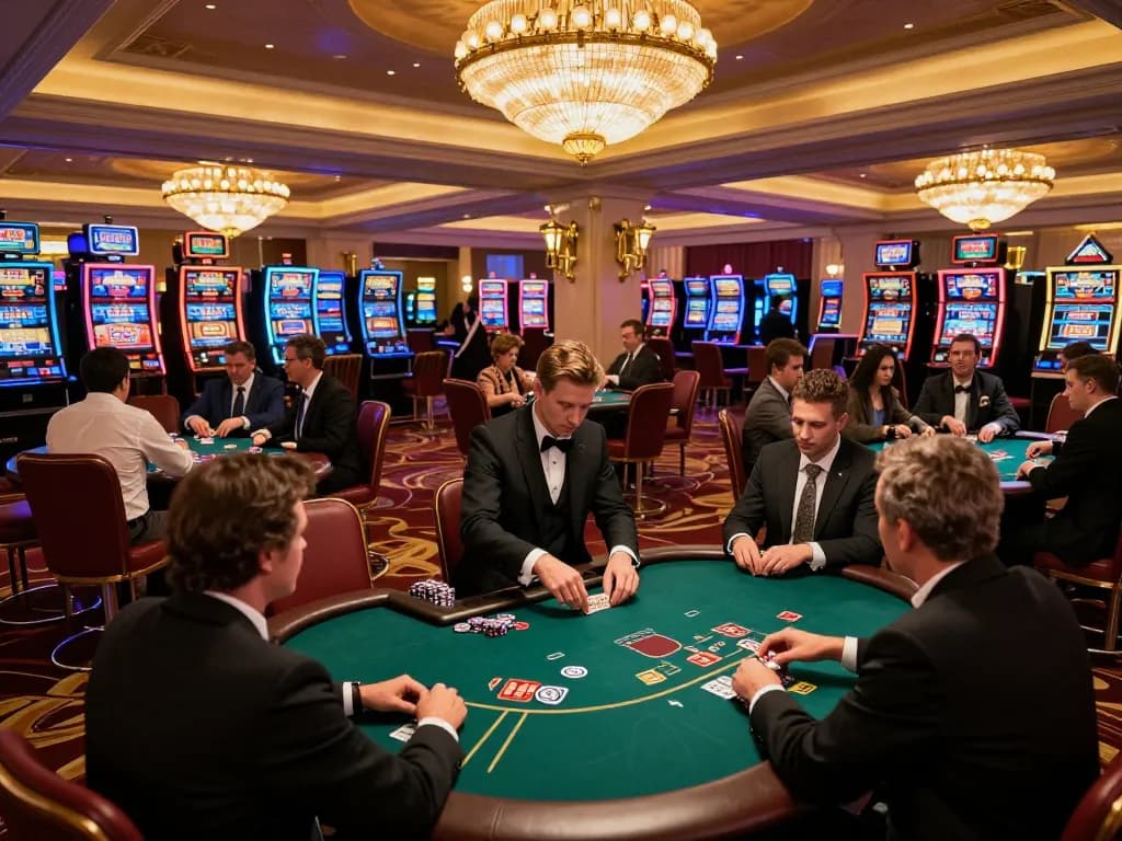 u888 casino floor scene with players engaging in poker at vibrant tables, showcasing excitement and strategy.