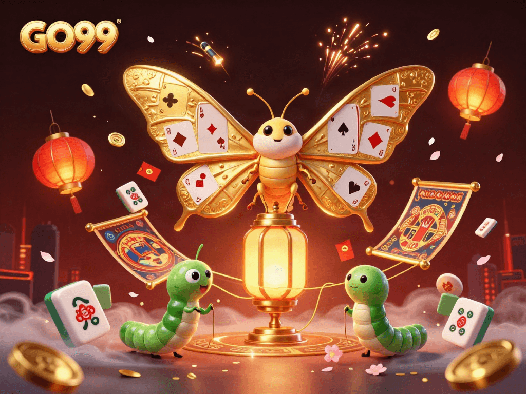 Engage with GO99 in a vibrant 3D casino scene featuring a majestic atlas moth.