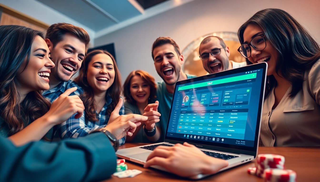 Excited users engaging with the 77bet online betting platform, showcasing a modern gaming experience.