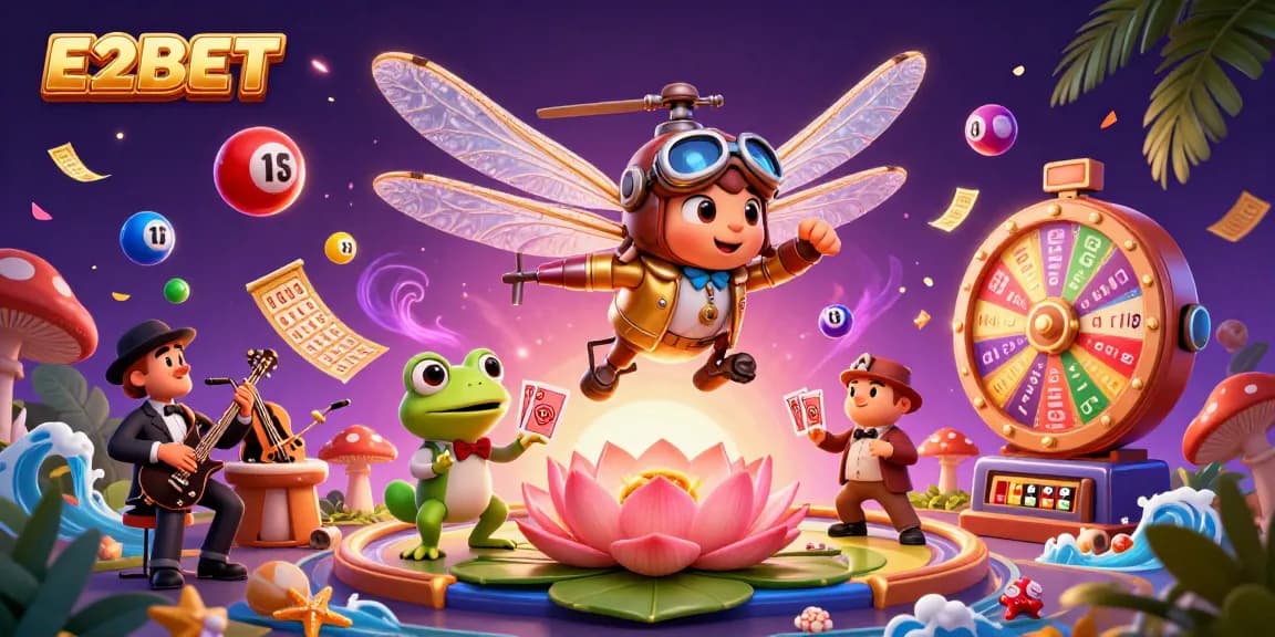 E2BET showcases a lively casino scene with vibrant characters and dynamic gaming elements.