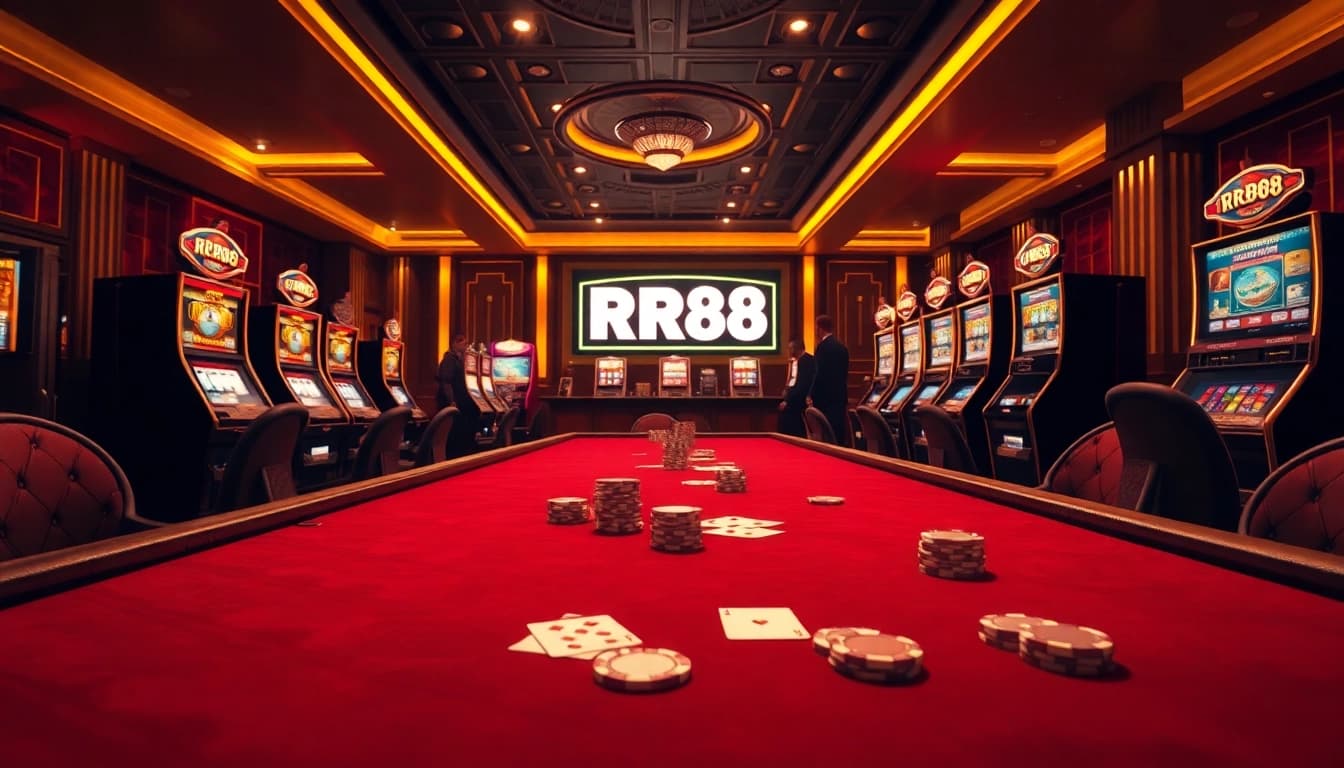 Experience the excitement of RR88 at a luxurious casino table filled with vibrant poker chips and cards.