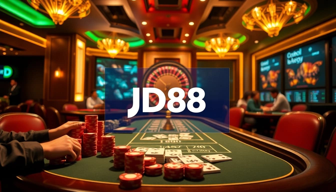Trải nghiệm cảm giác hồi hộp tại JD88 với các trận casino sôi động, chip poker và bàn chia bài trực tiếp.