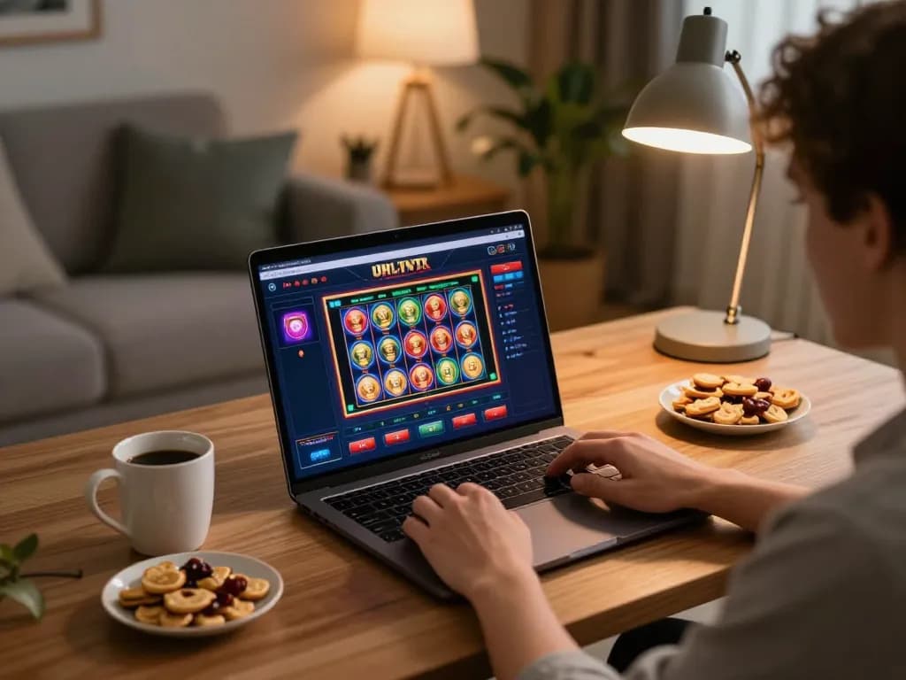 Person engaging in online gaming to see if Zumospin is betrouwbaar with laptop and snacks.