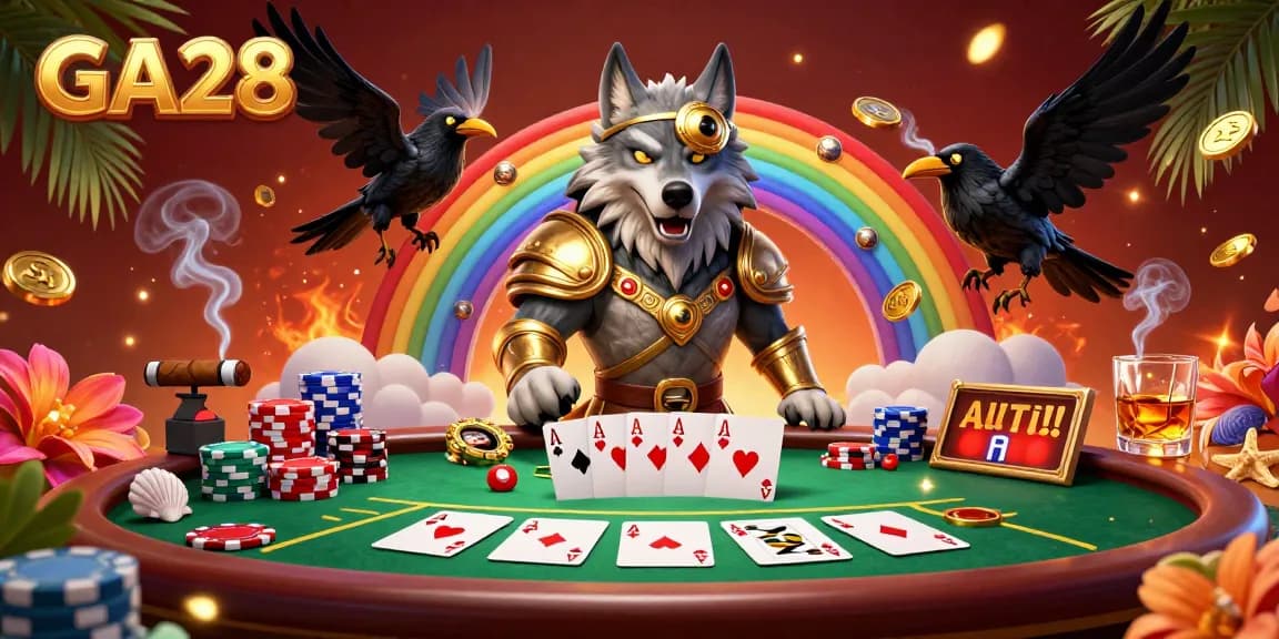 Experience excitement at GA28 with Odin the wolf and poker elements in a rich casino scene.