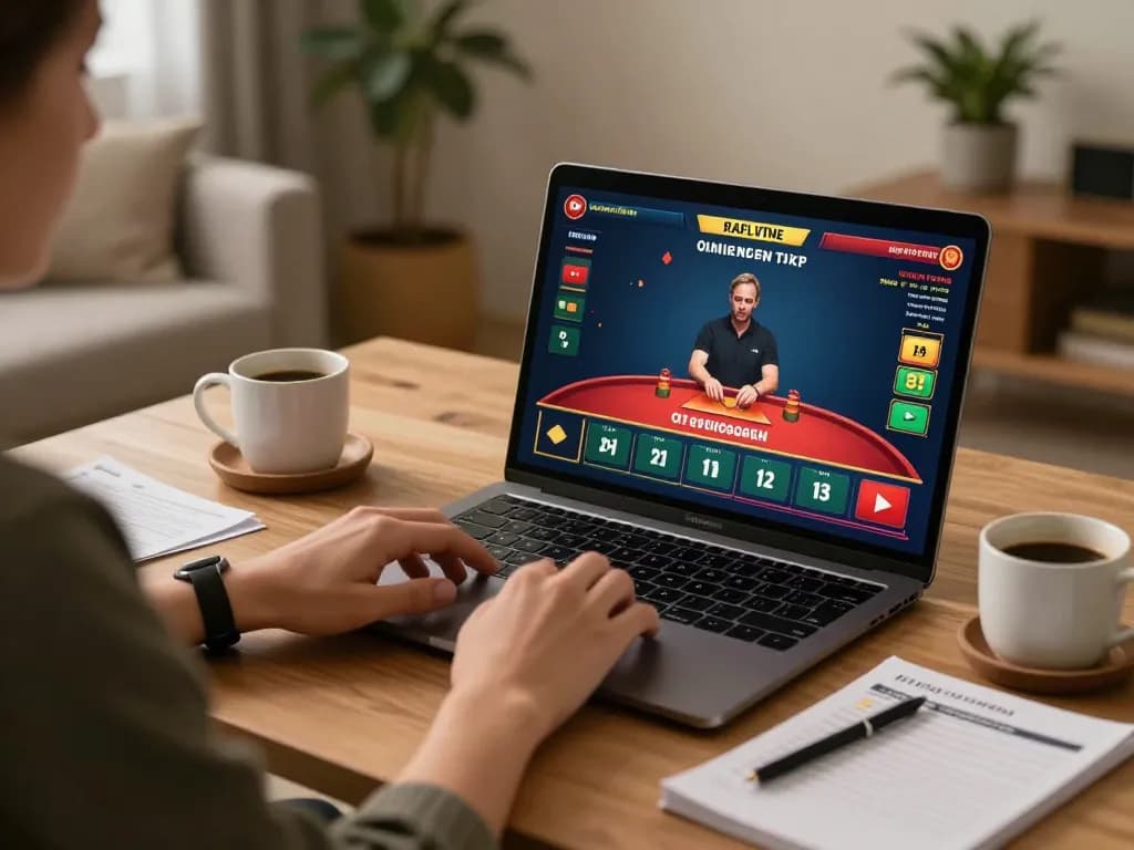 Engaged player using J88 for live dealer gaming experience at home.