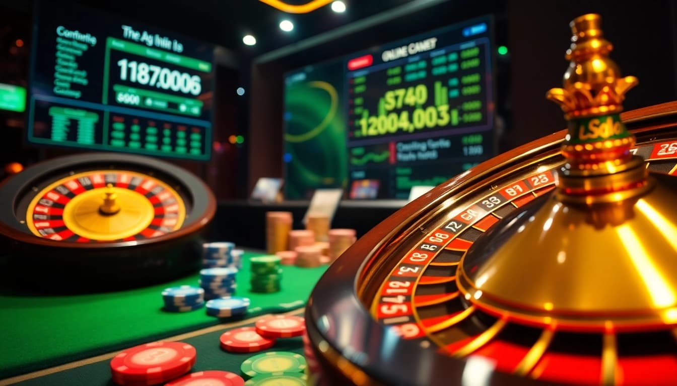 Lô đề online displaying vibrant gambling elements like roulette wheels and poker chips.