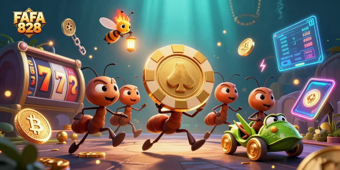 Engage with FAFA 828's exciting heist scene featuring cartoon ants, poker chips, and vibrant gambling elements.
