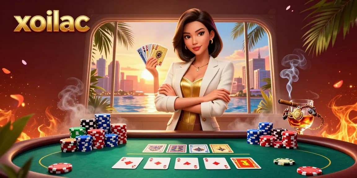 Xoilac showcases a glamorous Asian businesswoman holding a golden deck of cards in a packed poker scene filled with vibrant casino elements.