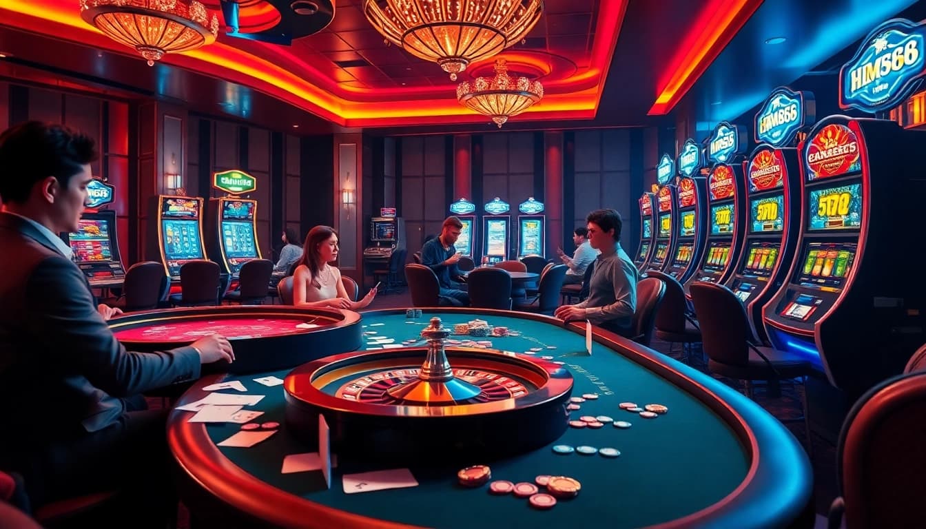Engaging scene at HM88 casino with players at the table, vibrant chips, and a roulette wheel.