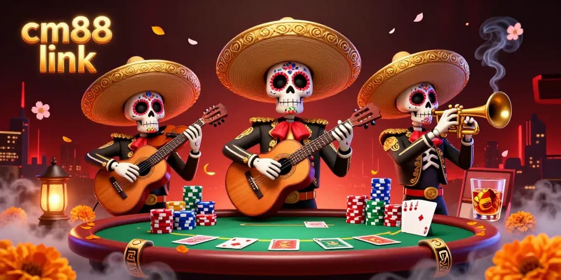 Experience thrilling poker action with cm88 link at a vibrant casino, featuring lively mariachi skeletons.