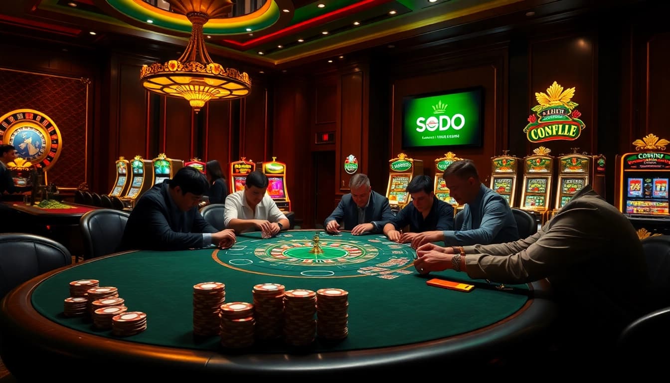 SODO Casino players engaging in an intense card game with vibrant poker chips and luxurious atmosphere.