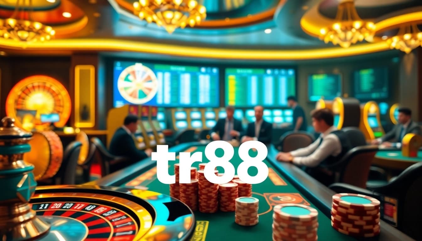 TR88 players engaging in high-stakes poker surrounded by vibrant casino elements.