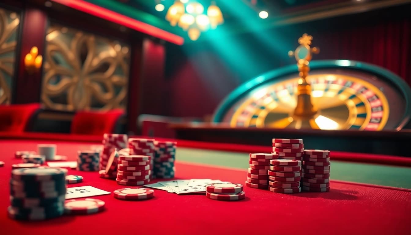 Engage with SC88's exciting casino atmosphere featuring poker chips and a roulette wheel.
