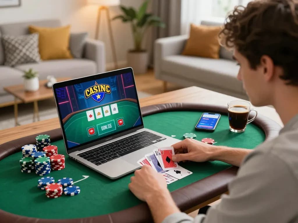 Engaged player strategizing in an online poker game at home with tip88.