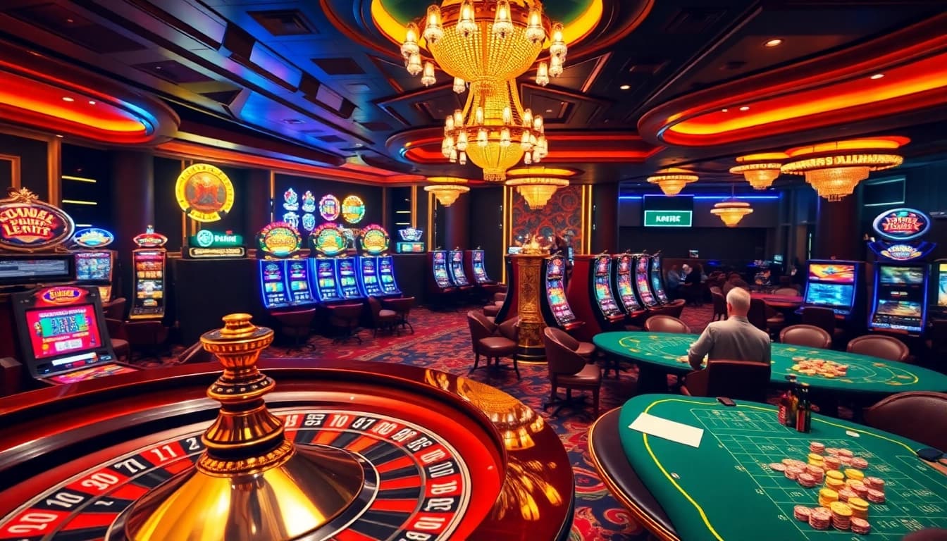 Experience a thrilling gaming scene at rikbet's stylish casino with roulette wheels and vibrant slot machines.