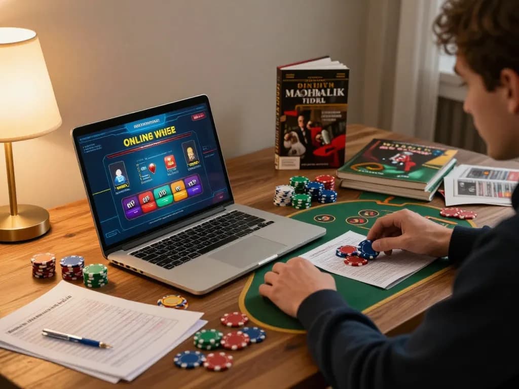 Engaging in strategic online casino play with a trusted nhà cái uy tín laptop setup.