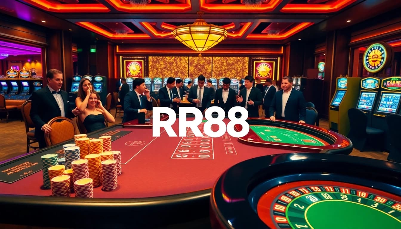 Experience excitement at RR88 casino, showcasing vibrant gaming tables, roulette, and poker chips.
